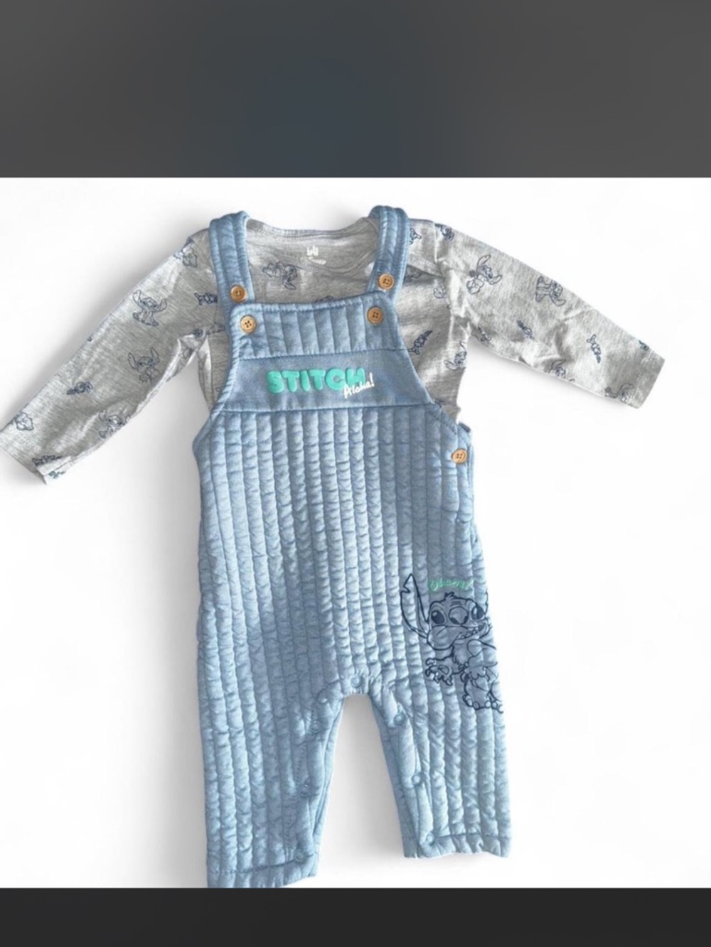Disney Stitch Quilted Blue Baby Overalls with Gray Tee